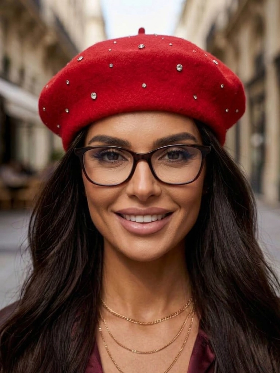 Elegancki Beret Wełniany Zdobiony Cyrkoniami i Kryształkami Czerwony #CM1131 FASHIONAVENUE.PL