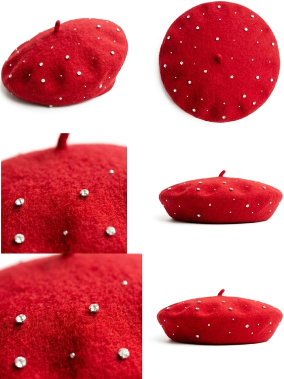 Elegancki Beret Wełniany Zdobiony Cyrkoniami i Kryształkami Czerwony #CM1131 FASHIONAVENUE.PL