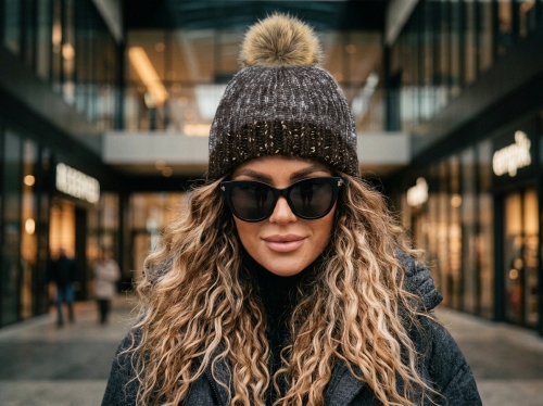 Czapka Zimowa Czekoladowy Melanż z Pomponem i Złotymi Zdobieniami #H-6995 FASHIONAVENUE.PL