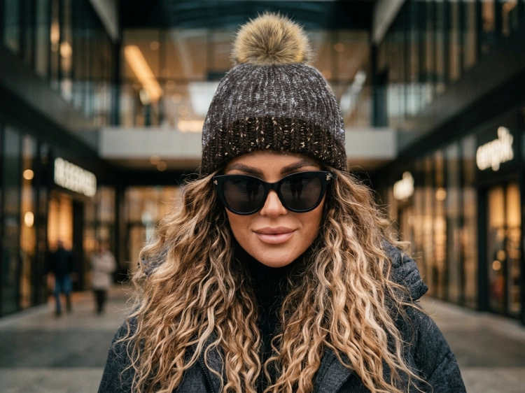 Czapka Zimowa Czekoladowy Melanż z Pomponem i Złotymi Zdobieniami #H-6995 FASHIONAVENUE.PL