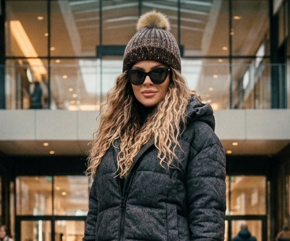 Czapka Zimowa Czekoladowy Melanż z Pomponem i Złotymi Zdobieniami #H-6995 FASHIONAVENUE.PL