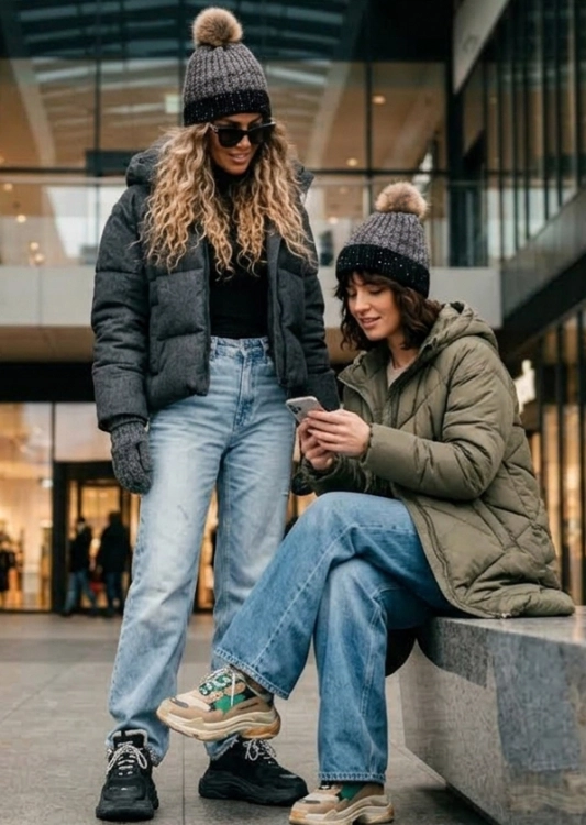 Czapka Zimowa Czekoladowy Melanż z Pomponem i Złotymi Zdobieniami #H-6995 FASHIONAVENUE.PL