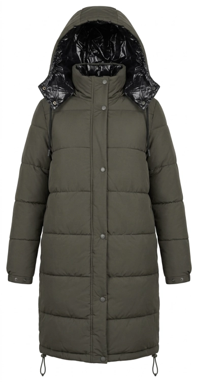 Kurtka Damska Długa Pikowana Dwustronna 2w1 z Kapturem Khaki / Czarny Błyszczący #V767 FASHIONAVENUE.PL