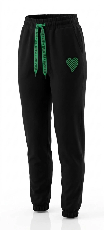 Czarne Spodnie Dresowe z Zielonym Sercem i Ściągaczami #YP1139 FASHIONAVENUE.PL