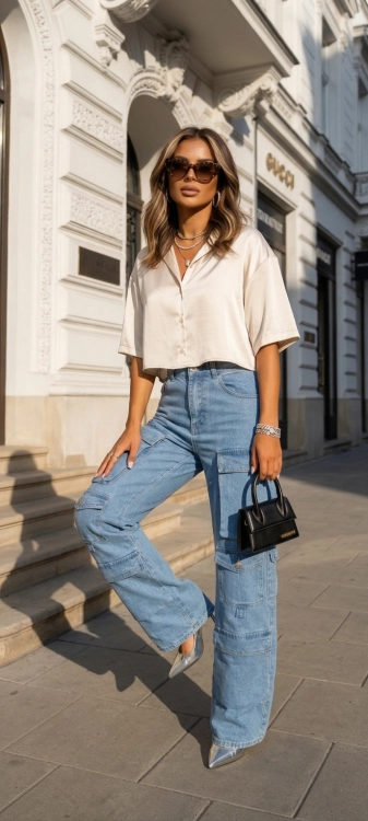 Szerokie Jeansy Cargo Bojówki Y2K z Wysokim Stanem i Kieszeniami #GF657 FASHIONAVENUE.PL