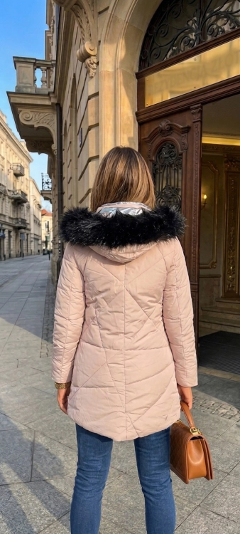 Ciepła Pikowana Kurtka Zimowa z Kapturem i Futerkiem Beżowy Róż #V715 FASHIONAVENUE.PL