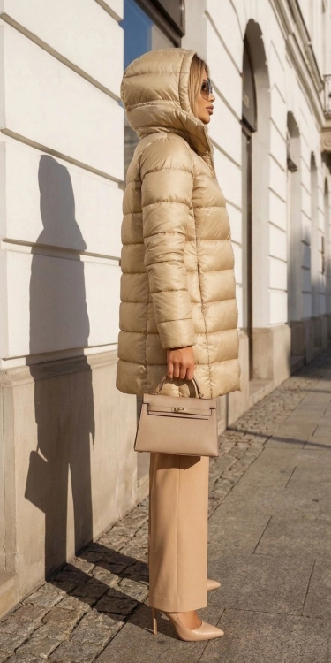Złota Pikowana Kurtka Zimowa z Wysokim Kołnierzem i Kapturem #1325 FASHIONAVENUE.PL