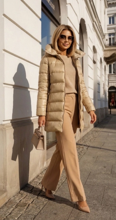 Złota Pikowana Kurtka Zimowa z Wysokim Kołnierzem i Kapturem #1325 FASHIONAVENUE.PL