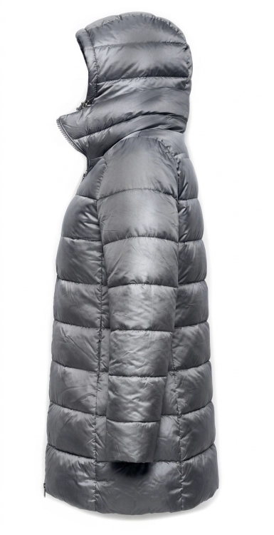 Srebrna Pikowana Kurtka Zimowa z Wysokim Kołnierzem i Kapturem #1325 FASHIONAVENUE.PL