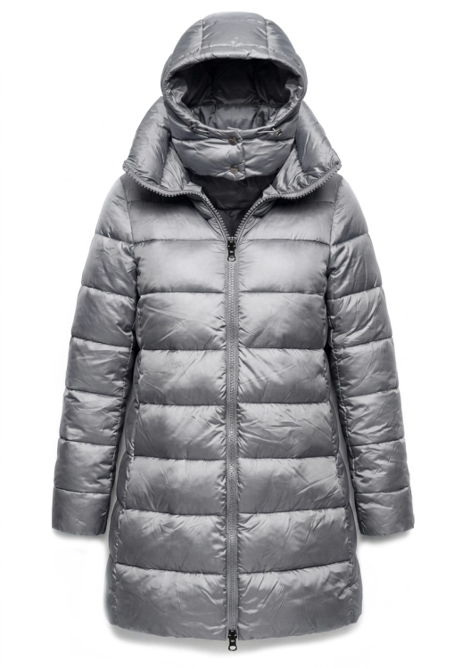 Srebrna Pikowana Kurtka Zimowa z Wysokim Kołnierzem i Kapturem #1325 FASHIONAVENUE.PL