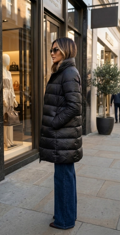 Czarna Pikowana Kurtka Zimowa z Wysokim Kołnierzem i Kapturem #1325 FASHIONAVENUE.PL