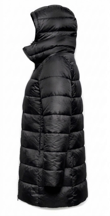 Czarna Pikowana Kurtka Zimowa z Wysokim Kołnierzem i Kapturem #1325 FASHIONAVENUE.PL