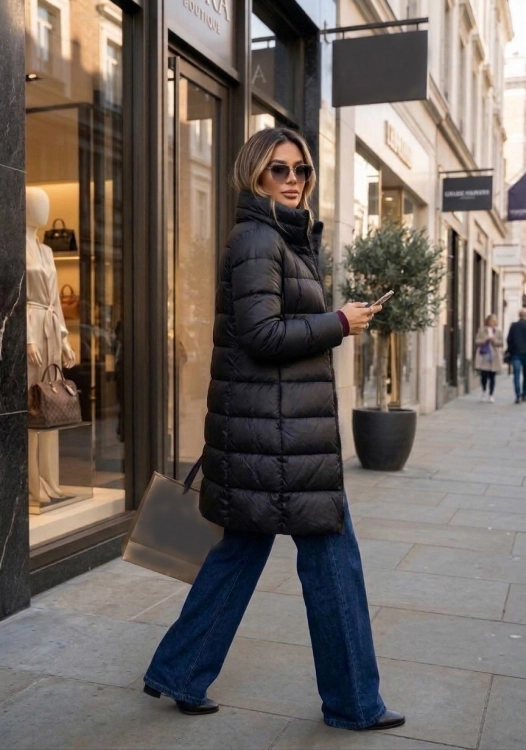 Czarna Pikowana Kurtka Zimowa z Wysokim Kołnierzem i Kapturem #1325 FASHIONAVENUE.PL