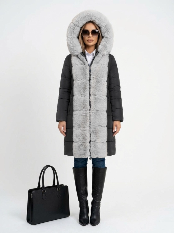 Długa Kurtka Zimowa 2w1 z Odpinanymi Rękawami Kurtka i Kamizelka Antracyt #P22-7908 FASHIONAVENUE.PL