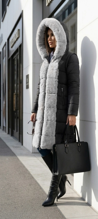 Długa Kurtka Zimowa 2w1 z Odpinanymi Rękawami Kurtka i Kamizelka Antracyt #P22-7908 FASHIONAVENUE.PL