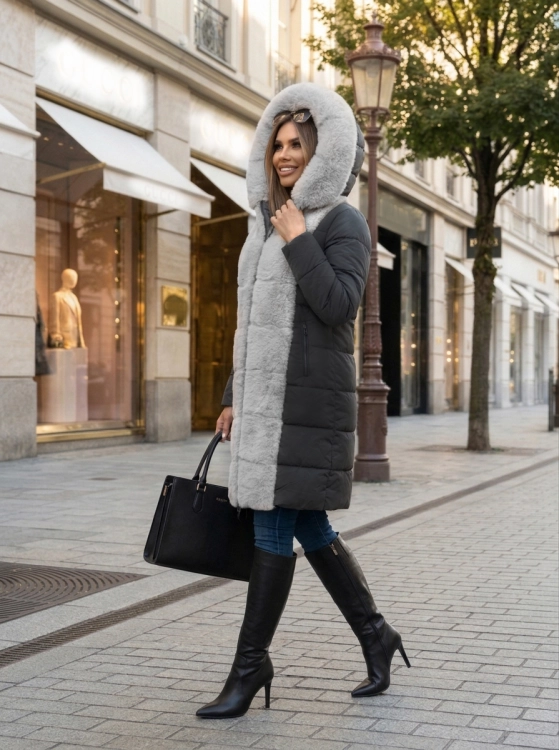 Długa Kurtka Zimowa 2w1 z Odpinanymi Rękawami Kurtka i Kamizelka Antracyt #P22-7908 FASHIONAVENUE.PL