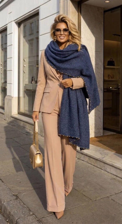 Ekskluzywny Duży Ciepły Szal Damsk z Złotymi Perełkami Navy Blue Granatowy FA42008 FASHIONAVENUE.PL