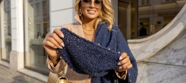 Ekskluzywny Duży Ciepły Szal Damsk z Złotymi Perełkami Navy Blue Granatowy FA42008 FASHIONAVENUE.PL