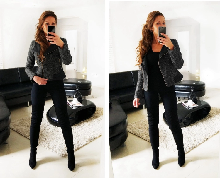 Modna Kurtka Damska Ramoneska Skóra Materiał Melanż Wiosna Jesień Zima 2018 Nowy Model #126 Promocja Hit w Sklepie FASHIONAVENUE.PL