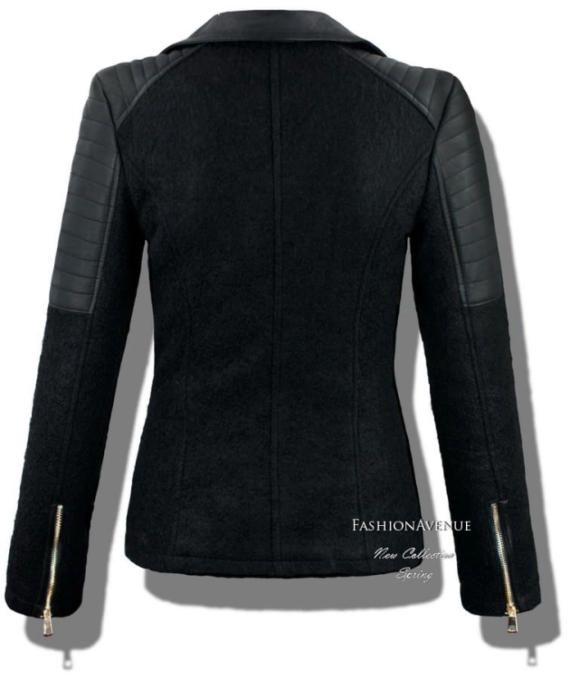 kurtka damska wiosenna typu ramoneska wełna boucle bicker zapinana na zamek skórzane rękawy model #88 w sklepie fashionavenue.pl