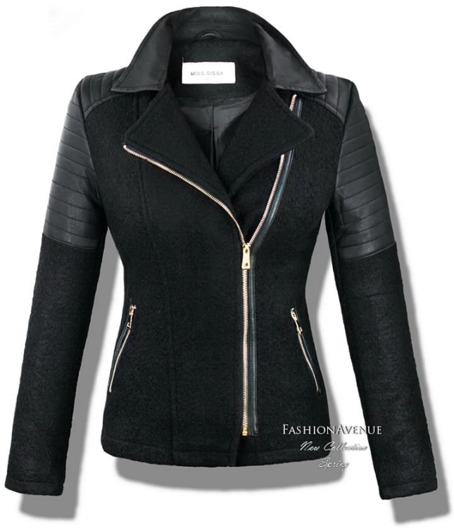 kurtka damska wiosenna typu ramoneska wełna boucle model bicker zapinana na zamek skórzane rękawy model #88 w sklepie fashionavenue.pl
