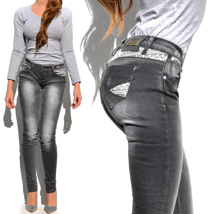 Spodnie Damskie Jeans Denim RURKI Kobiece Szare w Azteckie Wzory model #421 na Wiosnę Lato Jesień Zimę w sklepie FASHIONAVENUE.PL