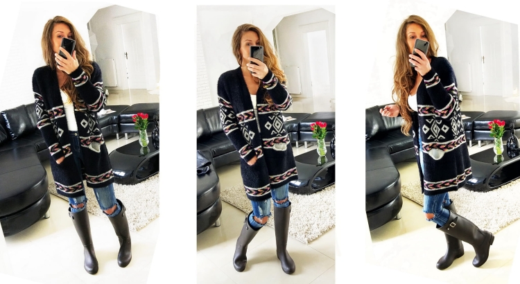 Ciepły Długi Sweter Kardigan BOHO ETNO we Wzory Skandynawskie Norweskie na Jesień i Wiosnę model #SW001 FASHIONAVENUE.PL