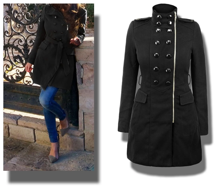 Modny Klasyczny Dwurzędowy Płaszcz Damski Zapinany na Zamek i Guziki Wiązany na Pasek Kołnierz Stójka model #95 Promocja w sklepie FASHIONAVENUE