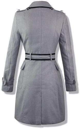 Modny Prosty Klasyczny Trencz Dwurzędowy Płaszcz Damski Zapinany na  Guziki i Pasek z Kołnierzem typu Ramoneska Obszyty skórzaną Lamówką na Wiosnę Jesień 2018 model #92 Promocja w sklepie FASHIONAVENUE.PL Wyprzedaż