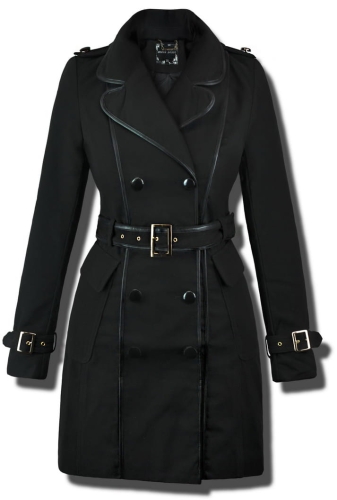 Modny Prosty Klasyczny Trencz Dwurzędowy Płaszcz Damski Zapinany na  Guziki i Pasek z Kołnierzem typu Ramoneska Obszyty skórzaną Lamówką na Wiosnę Jesień 2018 model #92 Promocja w sklepie FASHIONAVENUE.PL Wyprzedaż