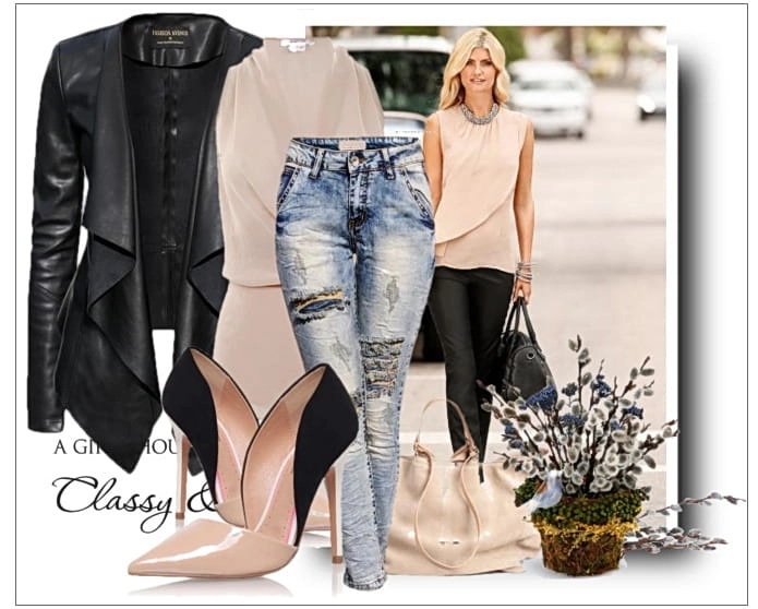Stylizacja Spodnie Damskie Jeans Slim-Fit SKINNY Przecierane Dekatyzowane Dziury Stan Normalny model #S004 na Wiosnę Lato Jesień Zimę w sklepie FASHIONAVENUE.PL 
