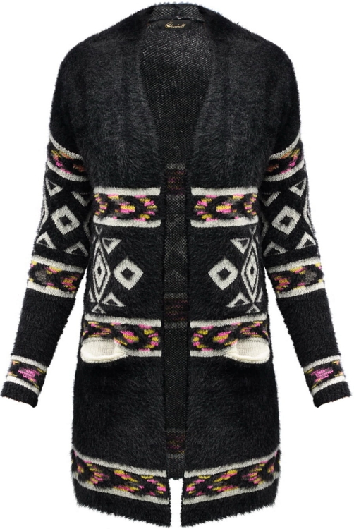 Ciepły Długi Sweter Kardigan BOHO ETNO we Wzory Skandynawskie Norweskie na Jesień i Wiosnę model #SW001 FASHIONAVENUE.PL